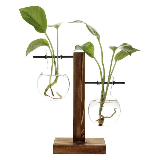Creative Glass Desktop Planter Bulb Vase Wooden Stand Hydroponic Plant Container Home Tabletop Decor Vases