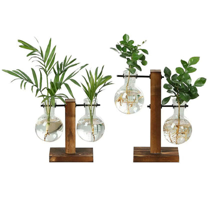 Creative Glass Desktop Planter Bulb Vase Wooden Stand Hydroponic Plant Container Home Tabletop Decor Vases